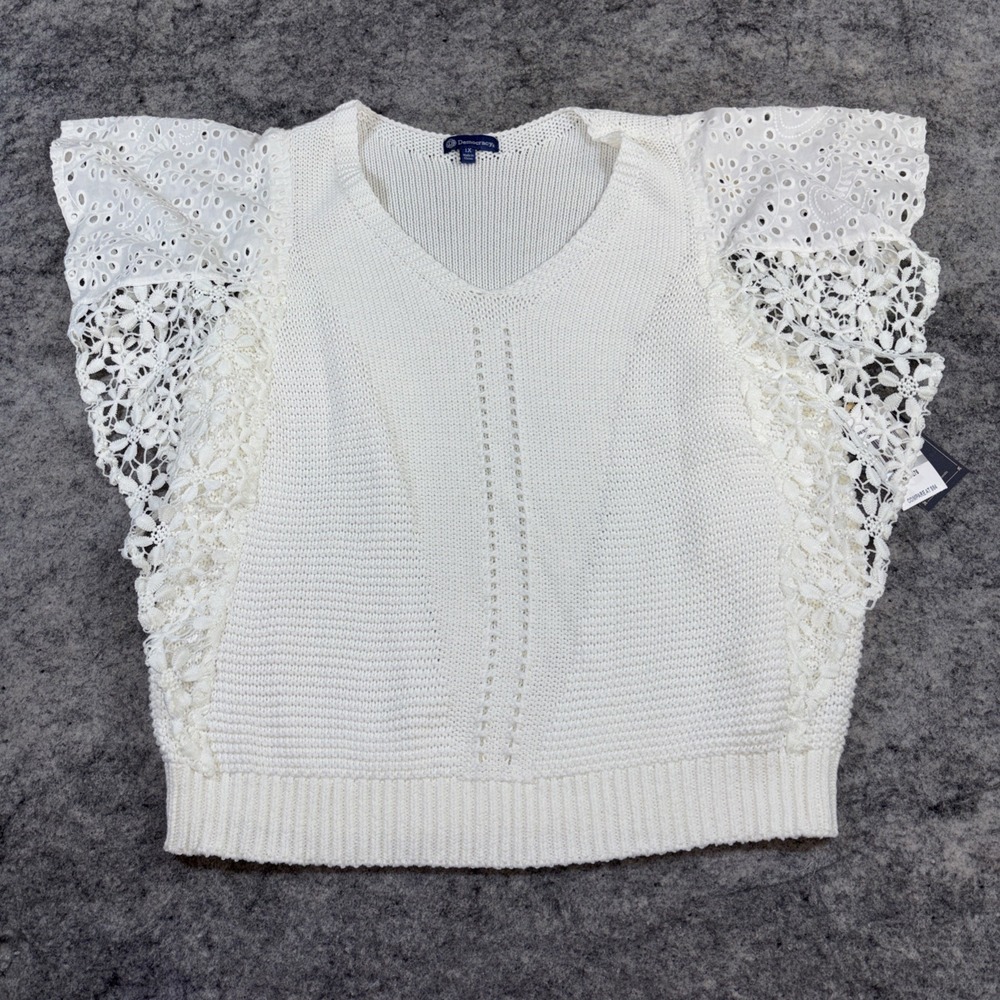 New Democracy Blouse Women's‎ 1X White Cotton Knit Crochet Festival Peasant Boho